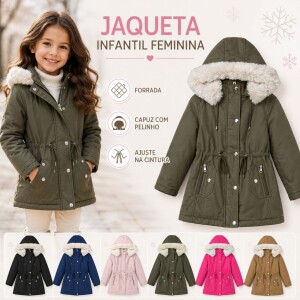 Jaqueta Infantil Parka Sarja Peluciada Capuz Impermeável (Tam. 6 a 16, Diversas cores) por R$ 129,11