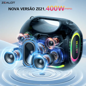 Caixa de Som ZEALOT-ZE21 250W RMS Pico 400W Alto Volume Graves Profundos Bateria 48000mAh Luz RGB...