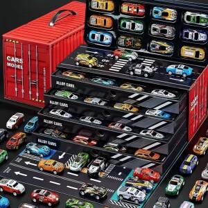 Kit 48 Carrinhos com Fricção de Lata Metálica Coloridos Caixa Container que Vira Pista com 30% de...