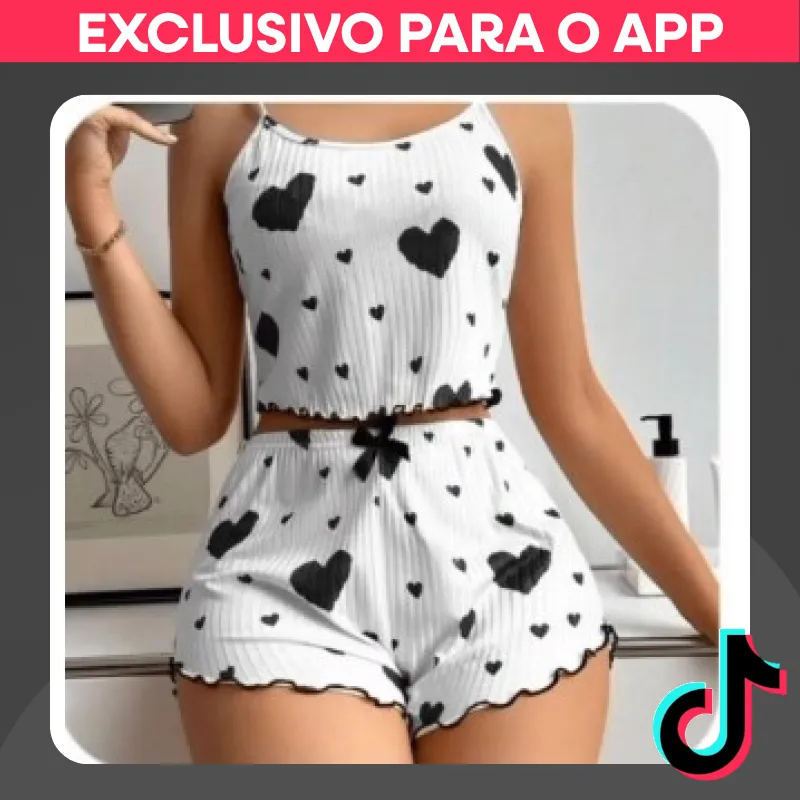 Conjunto Pijama Baby Doll Feminino Canelado Coração e Lacinho. — 33% OFF