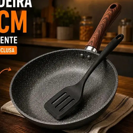 Frigideira Antiaderente Cerâmica Granito 24cm com Espátula Cabo de Madeira Indução Cooktop e Fogã...