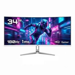 Achamos: Monitor Gamer HQ 34" Branco Curvo 1ms, 180Hz, UltraWide (QHD) 3440x1440 AMD FreeSync, HD...