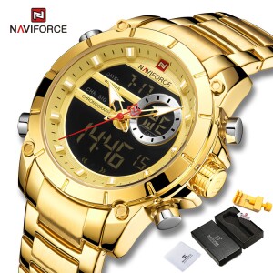 Relógio De Pulso NAVIFORCE 9163 Gold Waterproof Digital Análogo De Moda Homem Dual-Display — 57% OFF