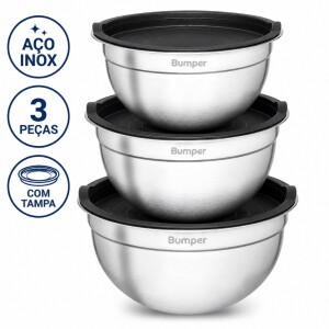 Kit com 3 Bowls Tigelas de Inox com Tampa Bumper por R$ 42,69
