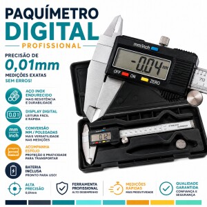 Paquímetro Digital Ferramenta Profissional Inox com Bateria Extra e Estojo 150mm Universal Inox -...