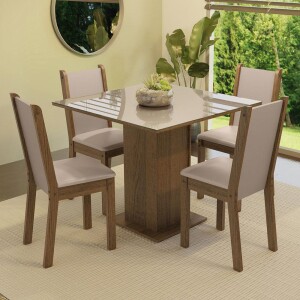 Conjunto Sala de Jantar Mesa Tampo de Vidro 4 Cadeiras RusticCremaBege Tifani Madesa por R$ 604,99