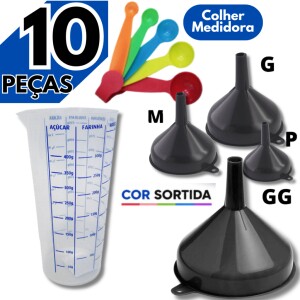Achamos: Funil de Plástico (P M G e GG) Cor Sortida + Colheres medidoras + Copo Medidor com Bico ...