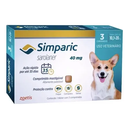 Simparic 40mg Cães 10,1-20kg Pulgas Carrapatos 3 Comprimidos Zoetis por R$ 183,00