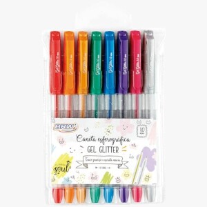 Caneta Esferográfica Gel com Glitter 1.0mm Blister com 8 Cores, BRW: de R$ 29,90 por R$ 23,41