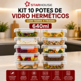 Kit 10 Potes Herméticos Vidro 640ml Starhouse Marmita Forno Micro-ondas Airfryer com 4 travas de …